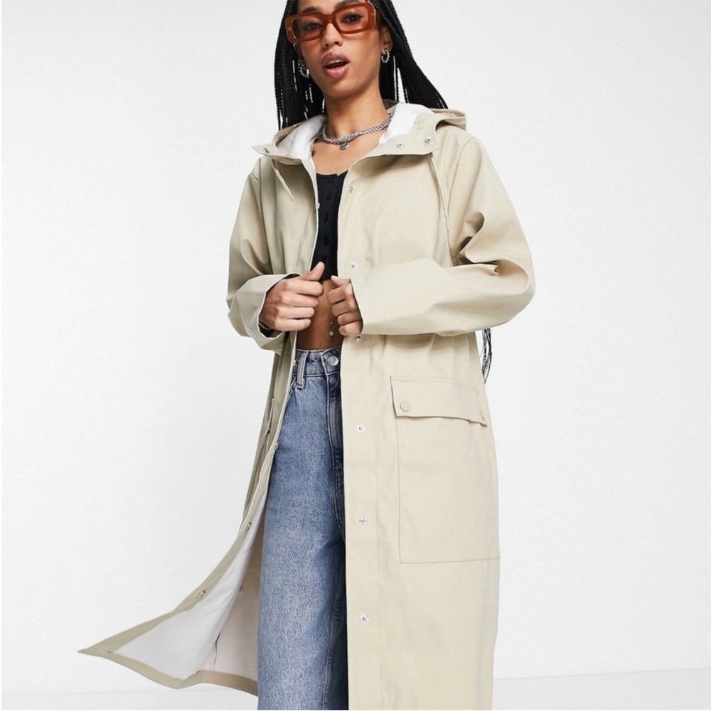 Topshop Long Hooded Raincoat in Light Beige